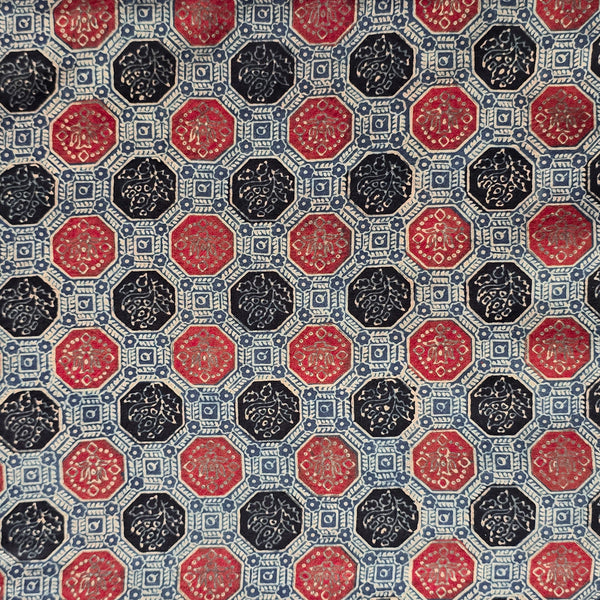 Pure Cotton Teen Kaam Ajrak Rust Blue With Rust  Red  geometric circle Design Hand Block Print Fabric