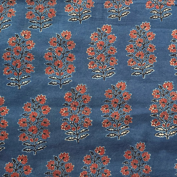 Pure Cotton Teen Kaam Ajrak Blue With  Maroon Big Flower Motif Hand Block Print Fabric