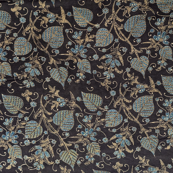 Pure Cotton Teen Kaam Ajrak Black With leaves Jaal Hand Block Print Fabric