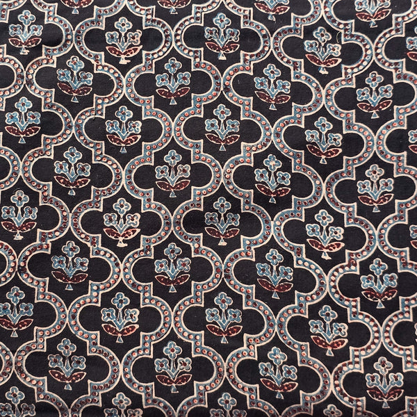 Pure Cotton Teen Kaam Ajrak Black With Intericate design Hand Block Print Fabric
