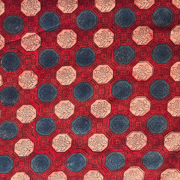 Pure Cotton Teen Kaam Ajrak  Maroon With geometric circle Design Hand Block Print Fabric