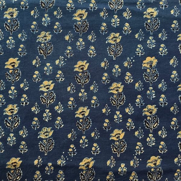 Pure Cotton Teen Kaam Ajrak Blue With Big  Flower Motif Hand Block Print Fabric