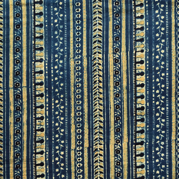 Pure Cotton Teen Kaam Ajrak Rust Blue With Design Stripes  Hand Block Print Fabric