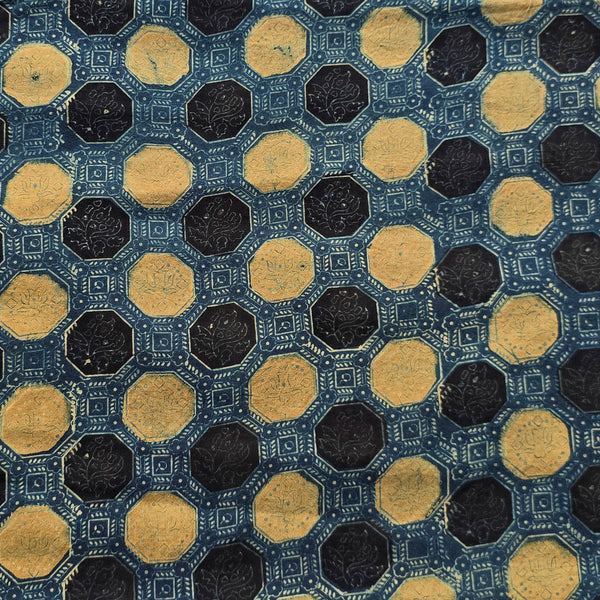 Pure Cotton Teen Kaam Ajrak Rust Blue With  geometric circle Design Hand Block Print Fabric