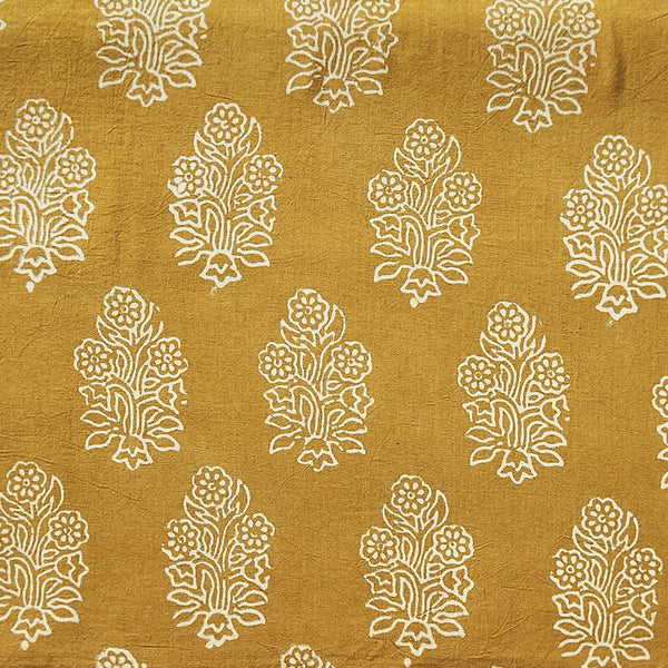 Pure Cotton Gamthi Mustard With Cream Flower Plant Motif Hand Block Print Fabric