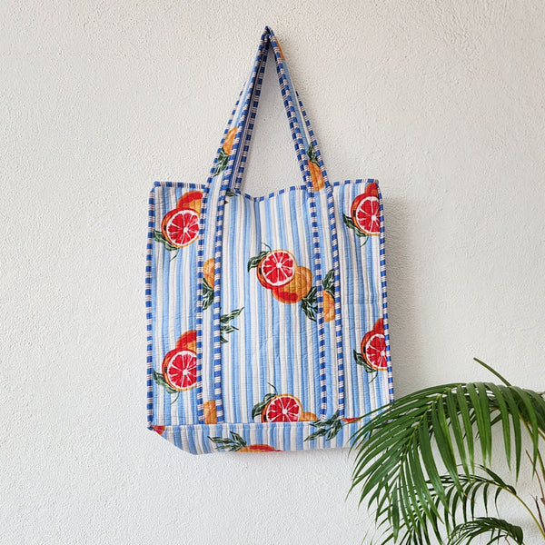 Quilted Tote Bag With Zip - Powder Blue With White Stripes And Orange Motif