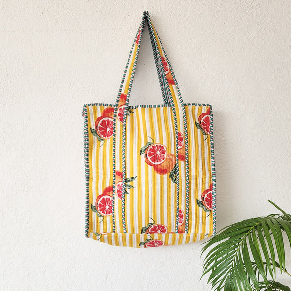 Quilted Tote Bag With Zip - Yellow With White Stripes And Orange Motif