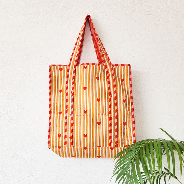 Quilted Tote Bag With Zip - Brown  And White Stripes And Heart Motif