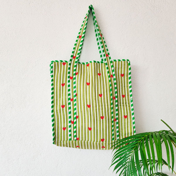 Quilted Tote Bag With Zip - Green And White Stripes And Heart Motif