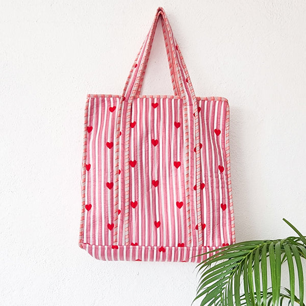 Quilted Tote Bag With Zip - Baby Pink And White Stripes And Heart Motif