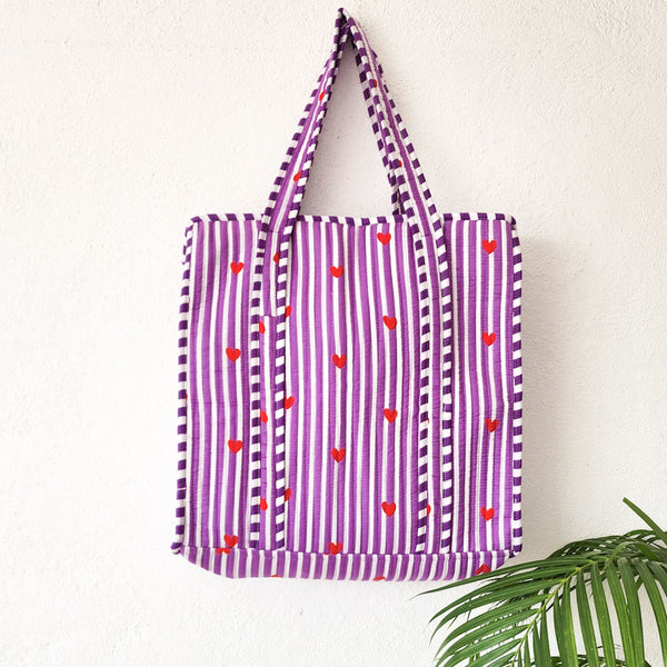 Quilted Tote Bag With Zip - Purple  And White Stripes And Heart Motif