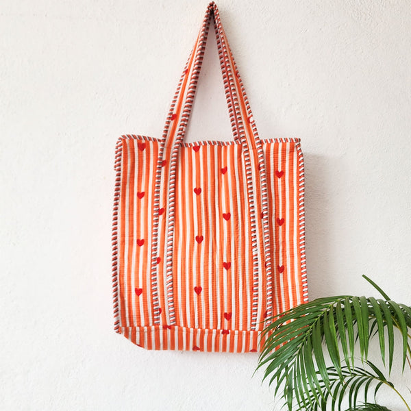 Quilted Tote Bag With Zip - Orange And White Stripes And Heart Motif