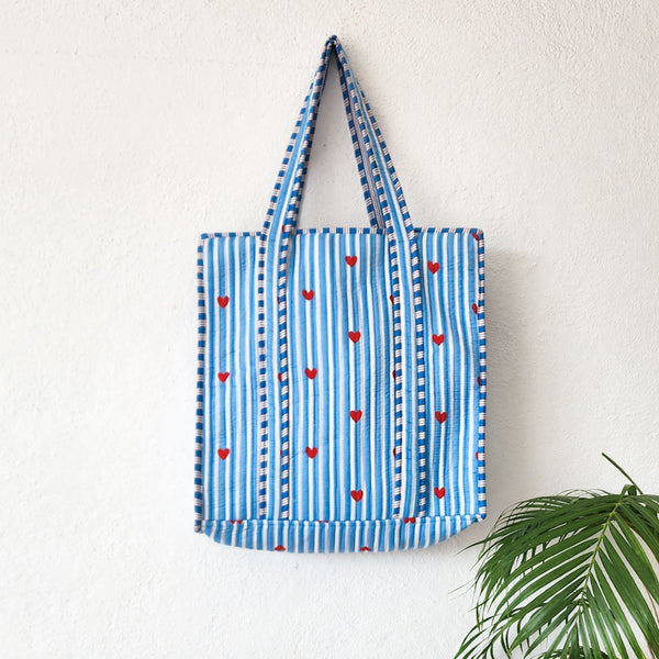 Quilted Tote Bag With Zip - Blue And White Stripes And Heart Motif