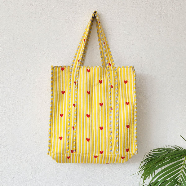 Quilted Tote Bag With Zip - Yellow And White Stripes And Heart Motif
