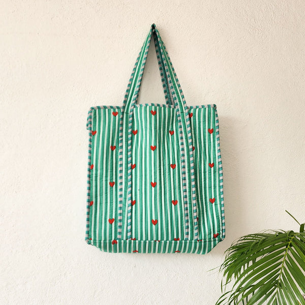 Quilted Tote Bag With Zip - Green And White Stripes And Heart Motif