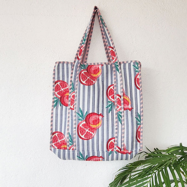 Quilted Tote Bag With Zip - Grey And White Stripes And PomegranateMotif