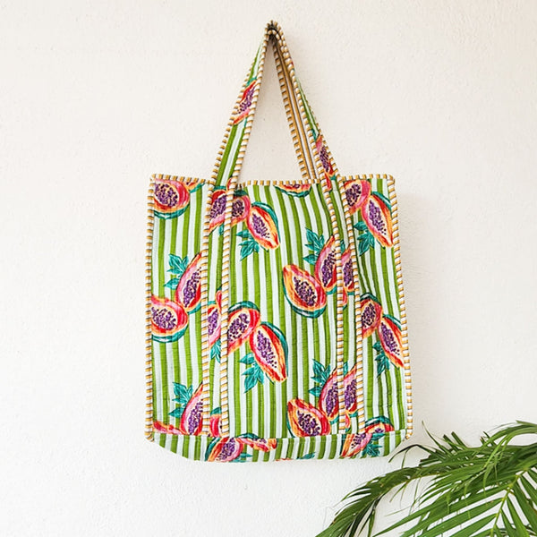 Quilted Tote Bag With Zip - Green  With White Stripes And Papaya Motif