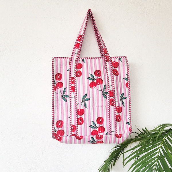 Quilted Tote Bag With Zip - Pink With White Stripes And Cherry Motif