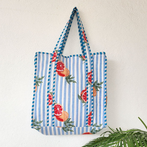 Quilted Tote Bag With Zip - Blue And White Stripes And Orange Motif
