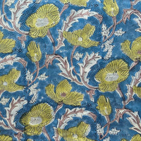 Pure Cotton Jaipuri Blue With Mehandi Green  Flower Jaal Hand Block Print Fabric