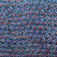 Pure Cotton Jaipuri Rust Blue With Red Flower Motif Hand Block Print Fabric