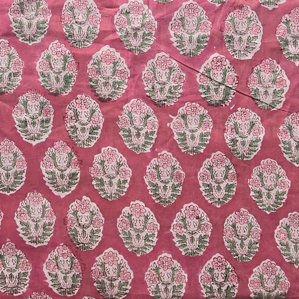 Pure Cotton Jaipuri Pink With Flower Plant Motif Hand Block Print Fabric
