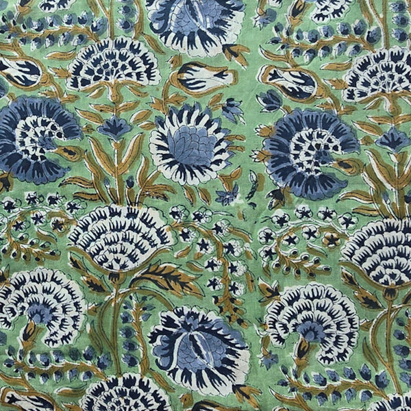 Pure Cotton Green With Wild Flower Jaal Hand Block Print Fabric