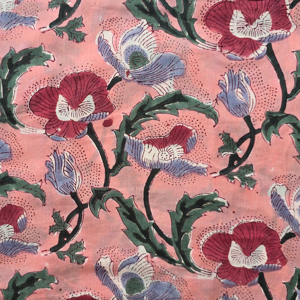 Pure Cotton Jaipuri Peach With Dusky Pink Flower Jaal Hand Block Print Fabric