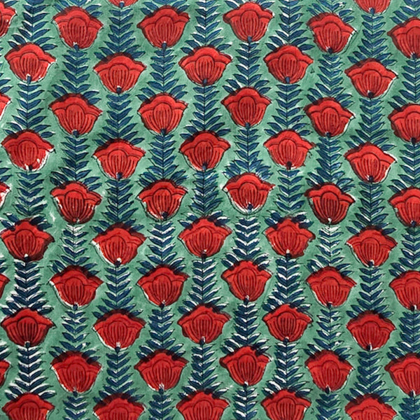 Pure Cotton Green With Red Flower Creeper Hand Block Print Fabric