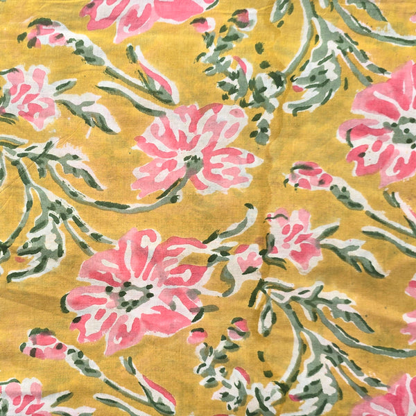 Pure Cotton Mustard With Floral  Design Hand Block Print Fabric
