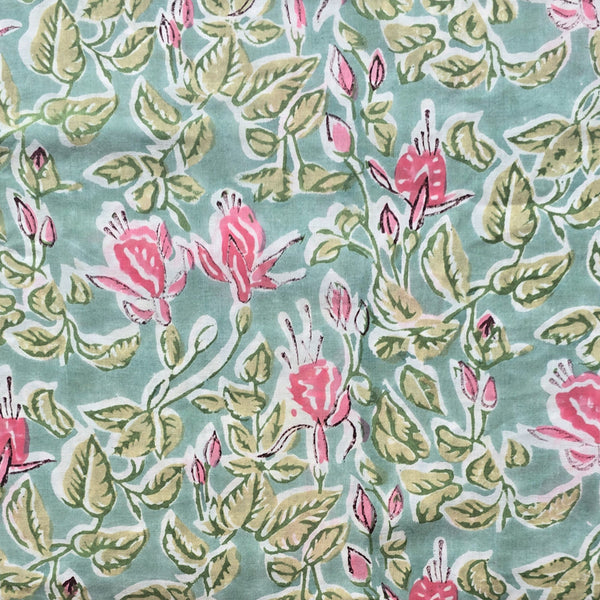 Pure Cotton Jaipuri Mint Green With Floral Design Hand Block Print Fabric