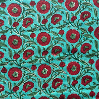 Pure Cotton Jaipuri Cyan With Red Flower Jaal Hand Block Print Fabric