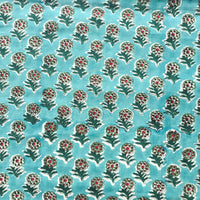 Pure Cotton Jaipuri Cyan With Flower Motif  Hand Block Print Fabric