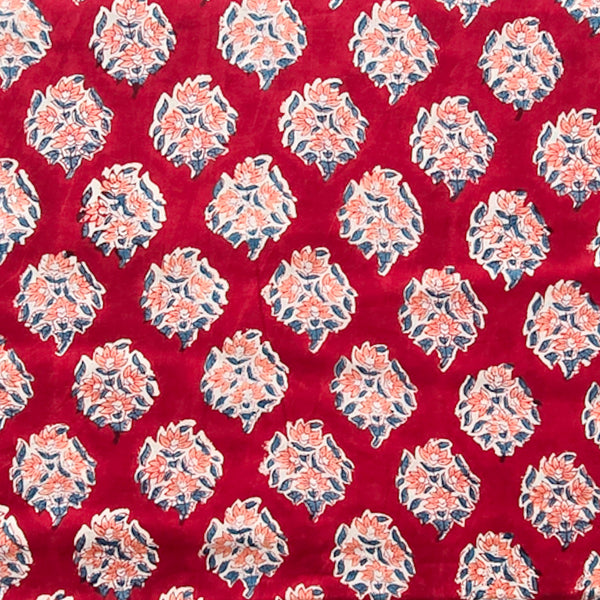Pure Cotton Jaipuri Red With Flower Motif Hand Block Print Fabric