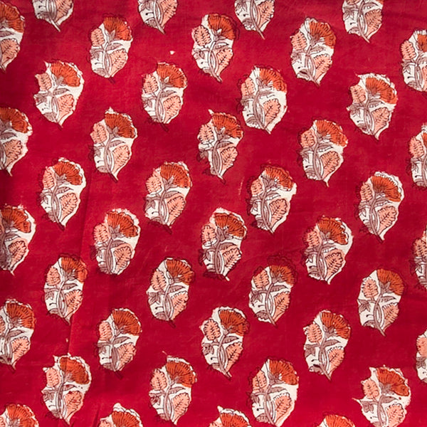 Pure Cotton Jaipuri Red With Orange Flower Motif Hand Block Print Fabric
