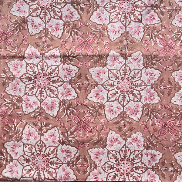 Pure Cotton Brown With White And Pink Intricade Design  Hand Block Print Fabric