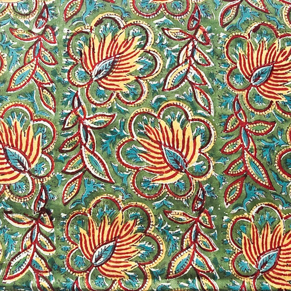Pure Cotton Green With Red Wild Flower Jaal   Hand Block Print Fabric
