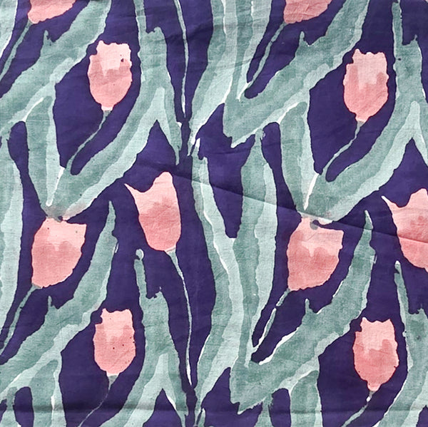 Pure Cotton Purple With Pink Floral Design Hand Block Print Fabric