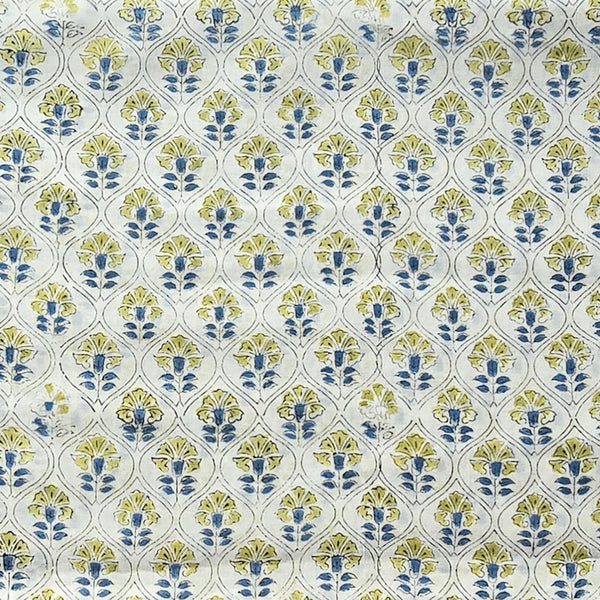 Pure Cotton White  With Green Flower Jaal Hand Block Print Fabric