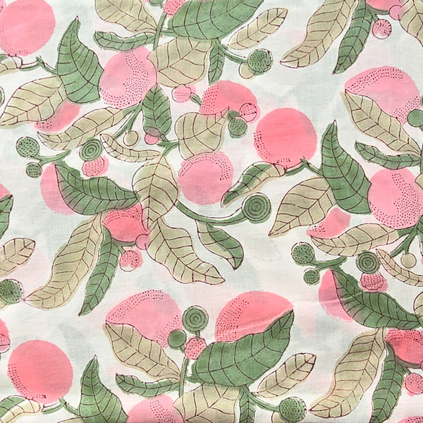 Pure Cotton White  With Pink Fruit Hand Block Print Fabric