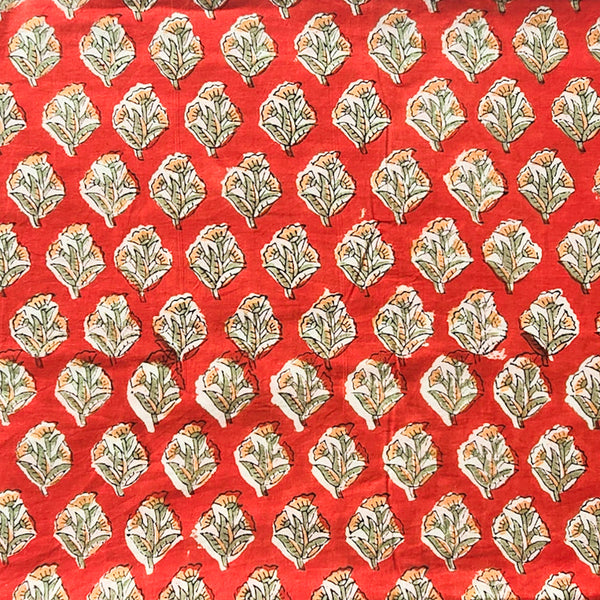 Pure Cotton Orange With Green Flower Motif Hand Block Print Fabric