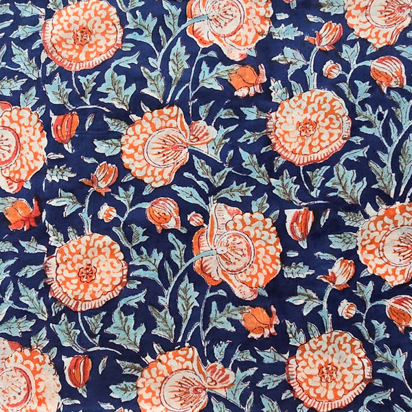 Pure Cotton Dark Blue With Orarage Flower Jaal Hand Block Print Fabric