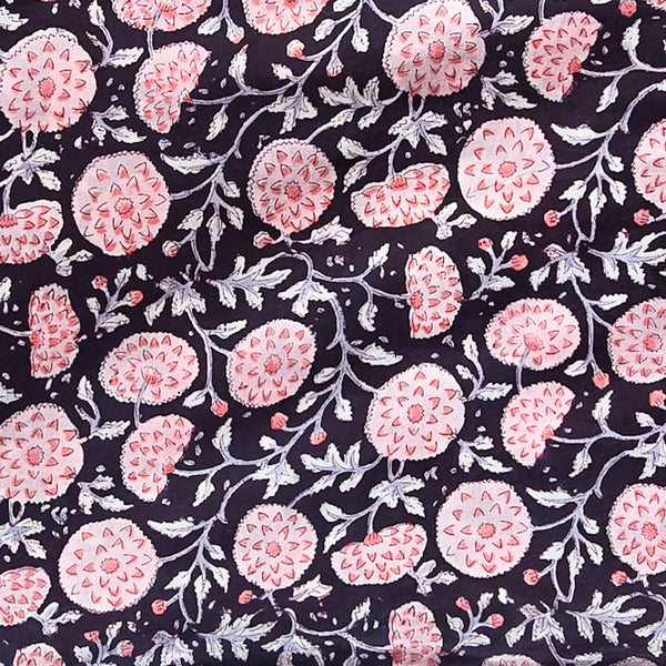 Pure Cotton Black With Pink  Flower Jaal Hand Block Print Fabric