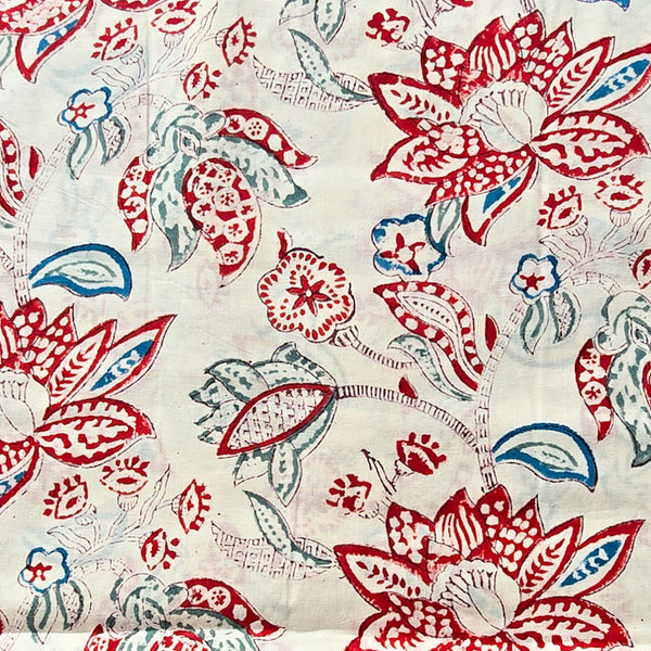 Pure Cotton White With Red Floral Design Hand Block Print Fabric