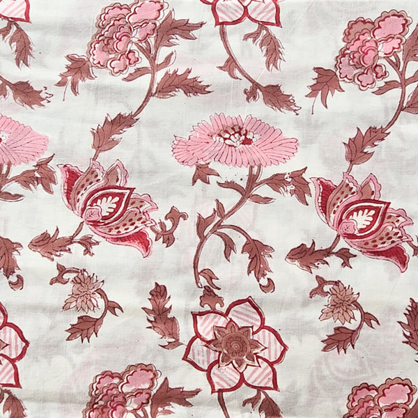 Pure Cotton White With Pink Floral Design Hand Block Print Fabric
