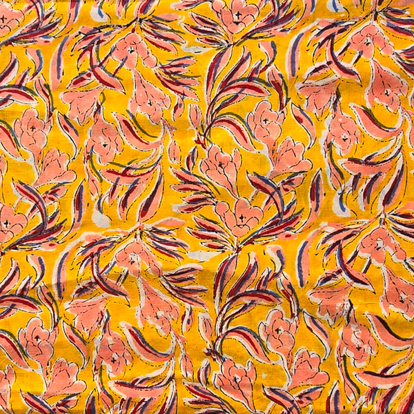 Pure Cotton Yellow With Peach Floral Design Hand Block Print Fabric