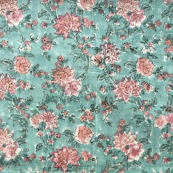 Pure Cotton Mint Green With Dusky Pink Floral Design Hand Block Print Fabric