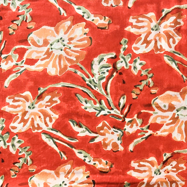 Pure Cotton Red Orange With Floral Design   Hand Block Print Fabric