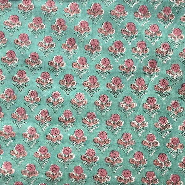 Pure Cotton Mint Green With Flower Motif Hand Block Print Fabric