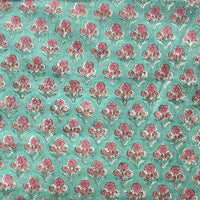 Pure Cotton Jaipuri Mint Green With Flower Motif Hand Block Print Fabric